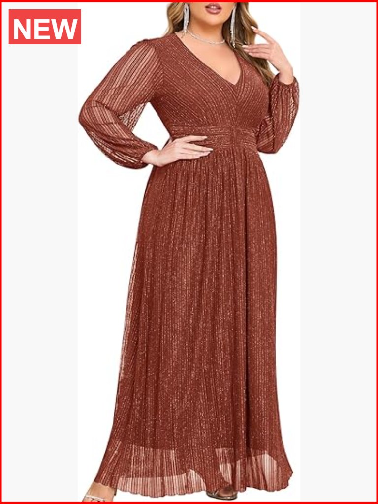 Sparkly V-Neck A-Line Ruffle Sleeve Maxi Evening Gown Plus Size